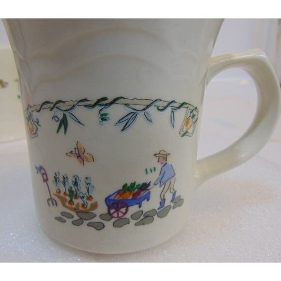 4 Pfaltzgraff Apple Valley Coffee Cup Tree Butterfly Rabbit Farmer Garden Vintag - Picture 3 of 12